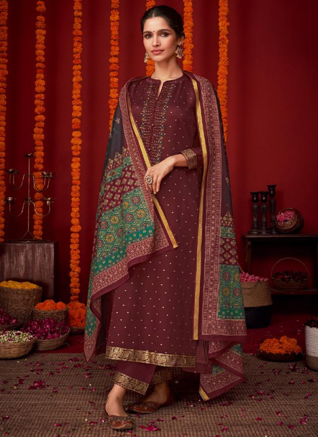 Pure Viscose Satin Maroon Festival Wear Embroidery Work Straight Suit
